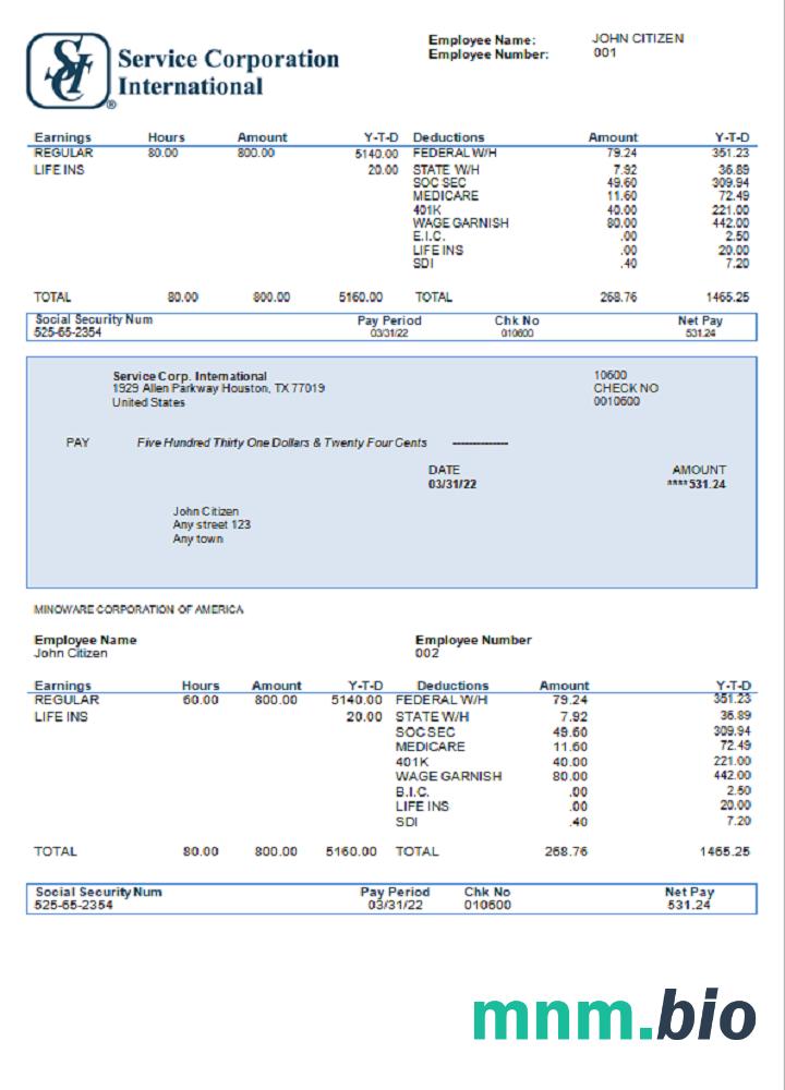 USA Service Corp. International consumer discretionary company pay stub
